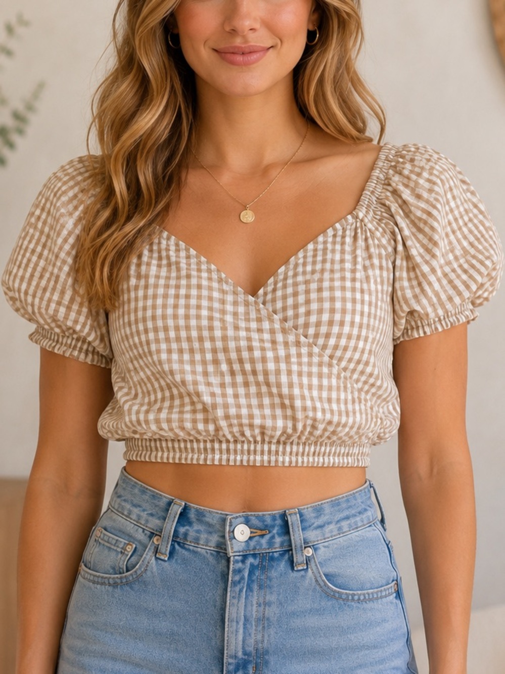 Sim & Sam Beige Gingham Puff Sleeve Crop Top Cotton Cottagecore Size Medium - Picture 1 of 9